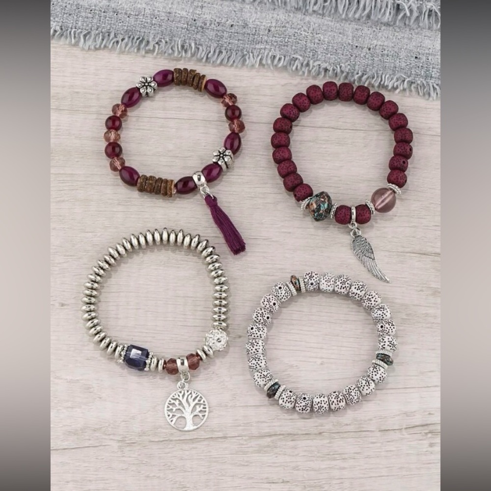 🌳 4 Pcs Tree of Life, Tassel Purple Charm  Beaded Bracelet Set NWT - Picture 3 of 6
